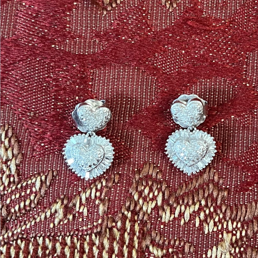 JTV Silver Double Heart Dangle Earrings